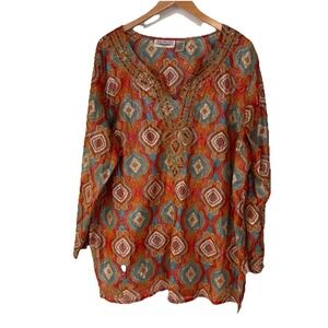 New Directions Woman 1X Tunic Blouse‎ - Embroidered - Metallic-Red Orange LS Top